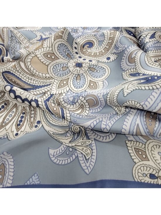 ✨Luxury Elegant Silky Square Scarf Navy Blue Silver Gray Tan Paisley Print Wrap✨ - Picture 5 of 6